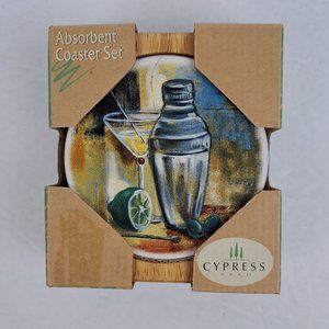 Cypress Absorbent Coasters Happy Hour Martini Design Cork Backing Set Of 4